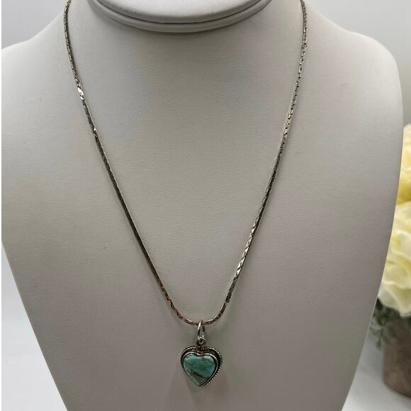 Vintage Sterling Silver Turquoise Heart Pendant Necklace 925 Italy 18" Chain - Picture 1 of 8